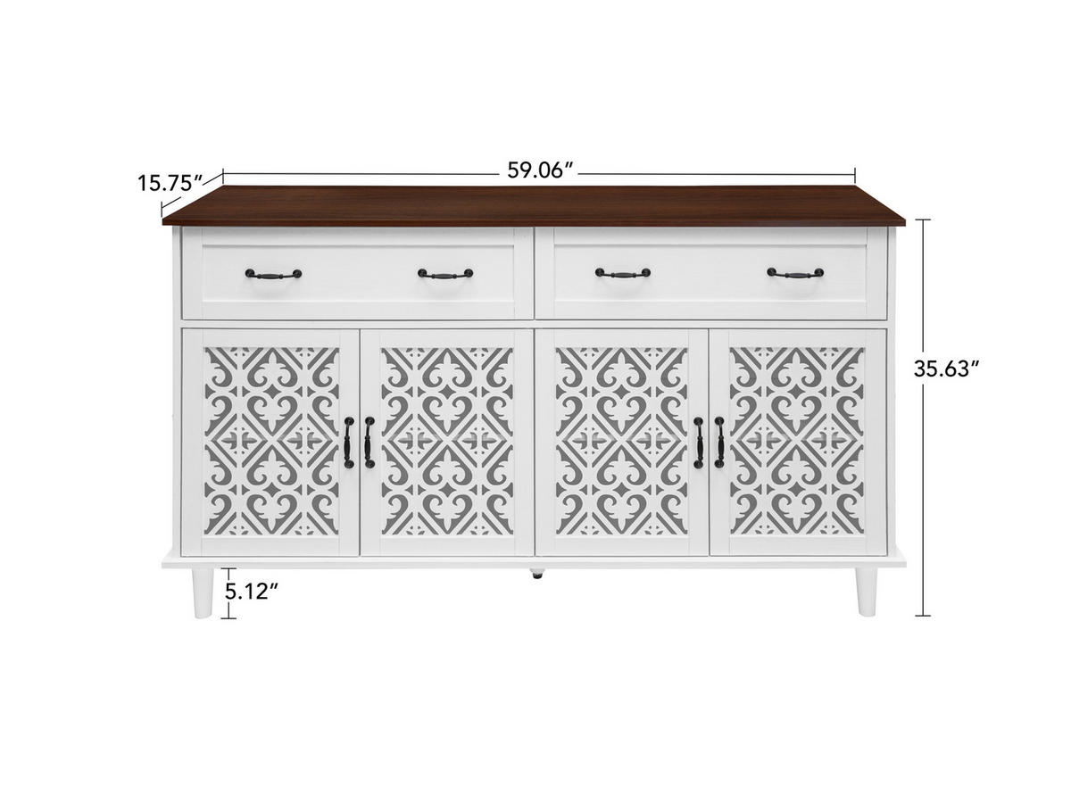 SIDEBOARD in Weiß Kommode mit 4 Türen, 2 Schubladen, geschnitzten Fronten und verstellbaren Einlegeböden, B150/T40/H90cm - Weiß, Holzwerkstoff/Metall (150/90.3/40cm) - STILVORA