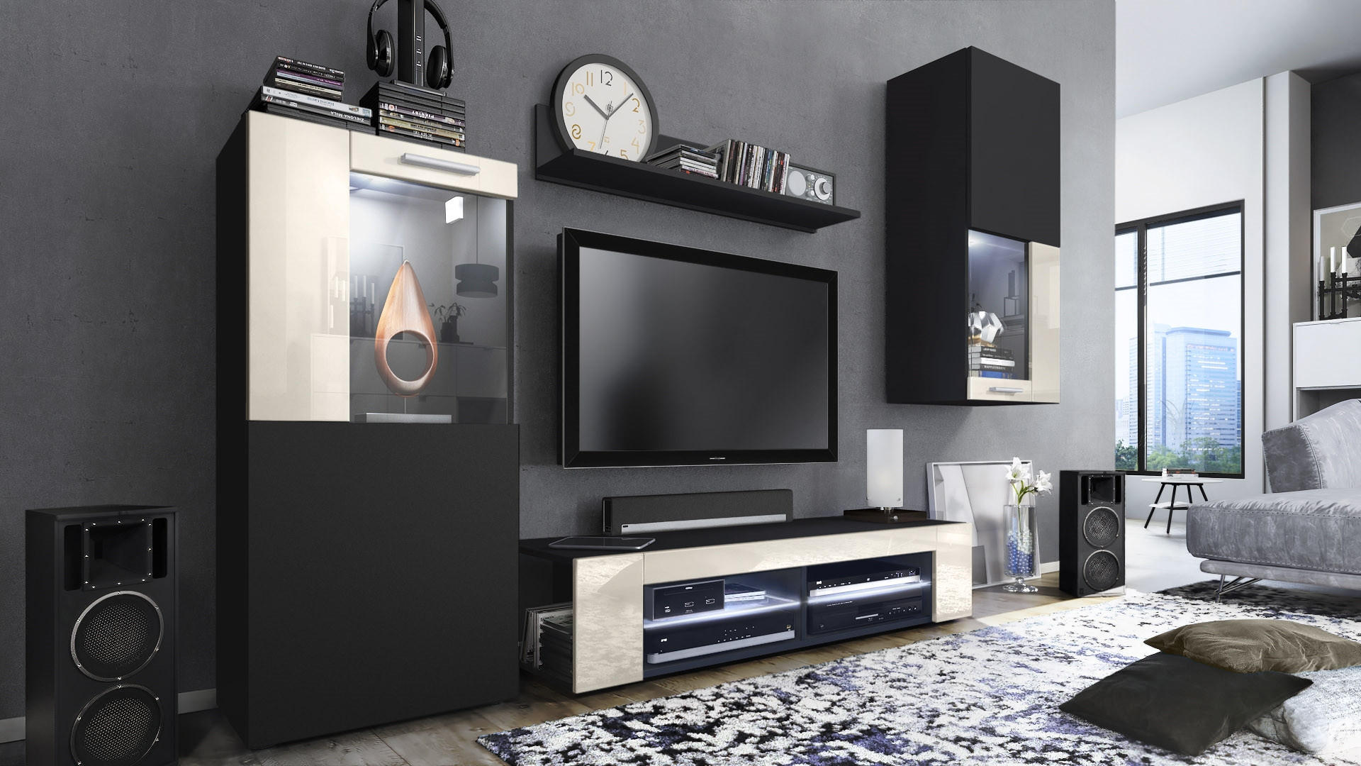 Vladon Wohnwand Creme 300x190x39 cm