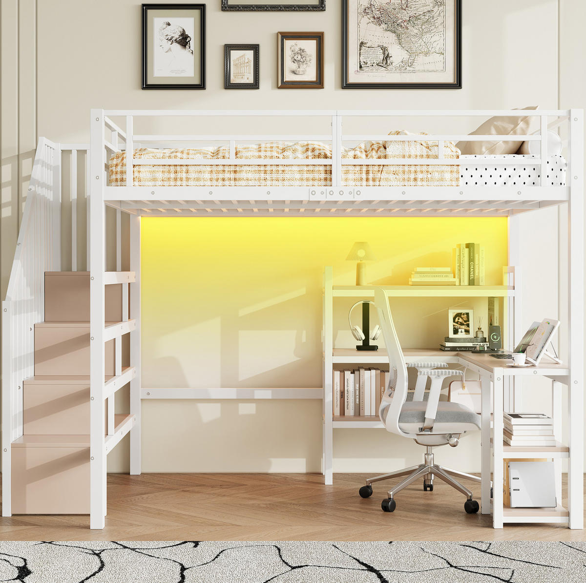 HOCHBETT 140x200 cm in Weiß mit Schreibtisch, Stauraumtreppe, LED-Licht und USB-Ladestation - Weiß, Holzwerkstoff (140/200cm) - IVMEU