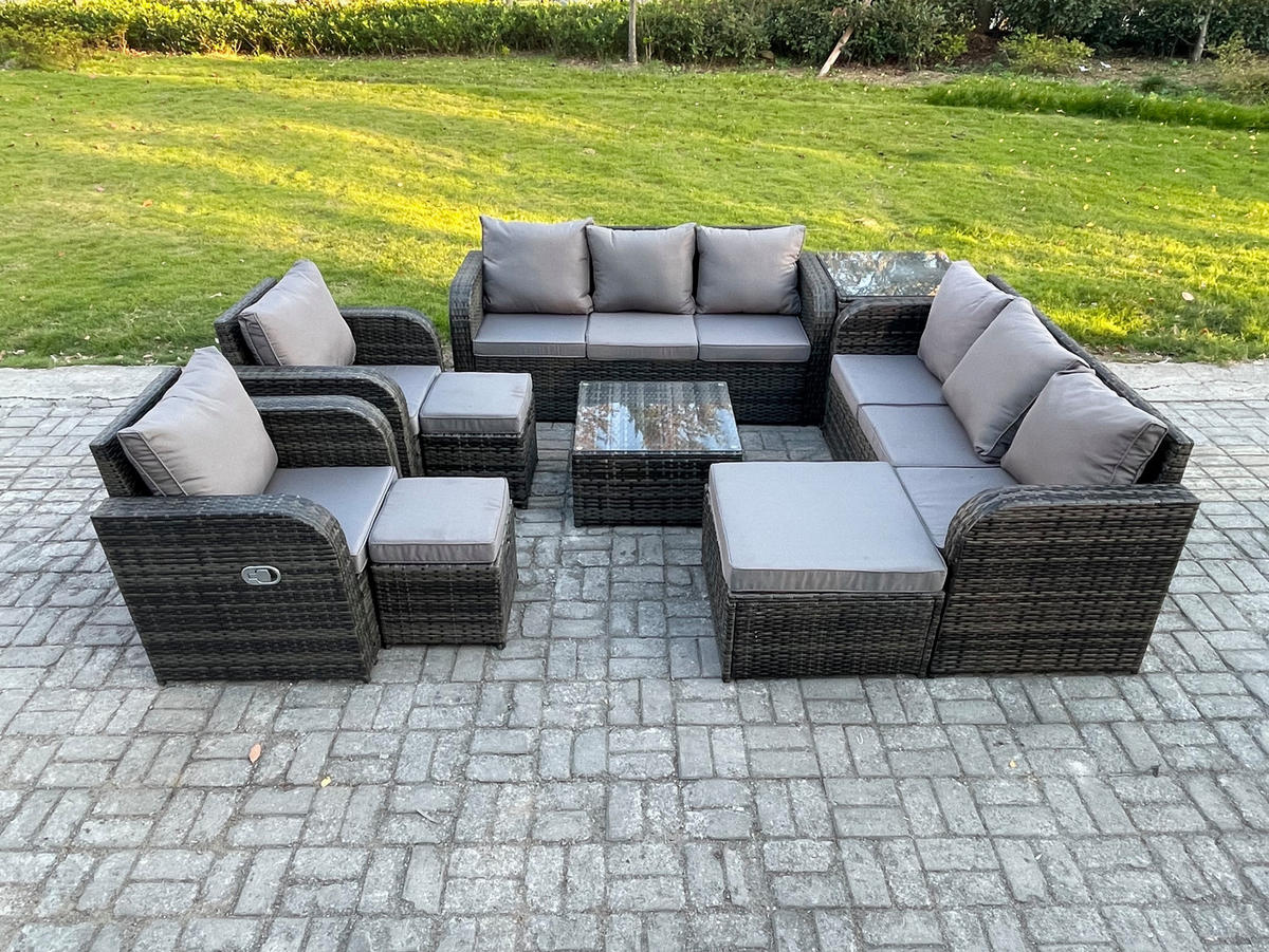 GARTENTISCHGRUPPE Polyrattan Dunkelgrau 9-teilige - Dunkelgrau/Grau, Glas/Kunststoff - Fimous