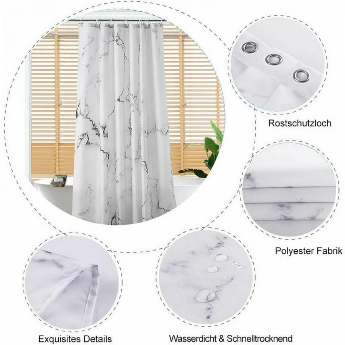 DUSCHVORHANG Marmor bedruckt Polyester schimmelresistent wasserdicht - Weiß, Textil (200/180cm) - MCBOSON