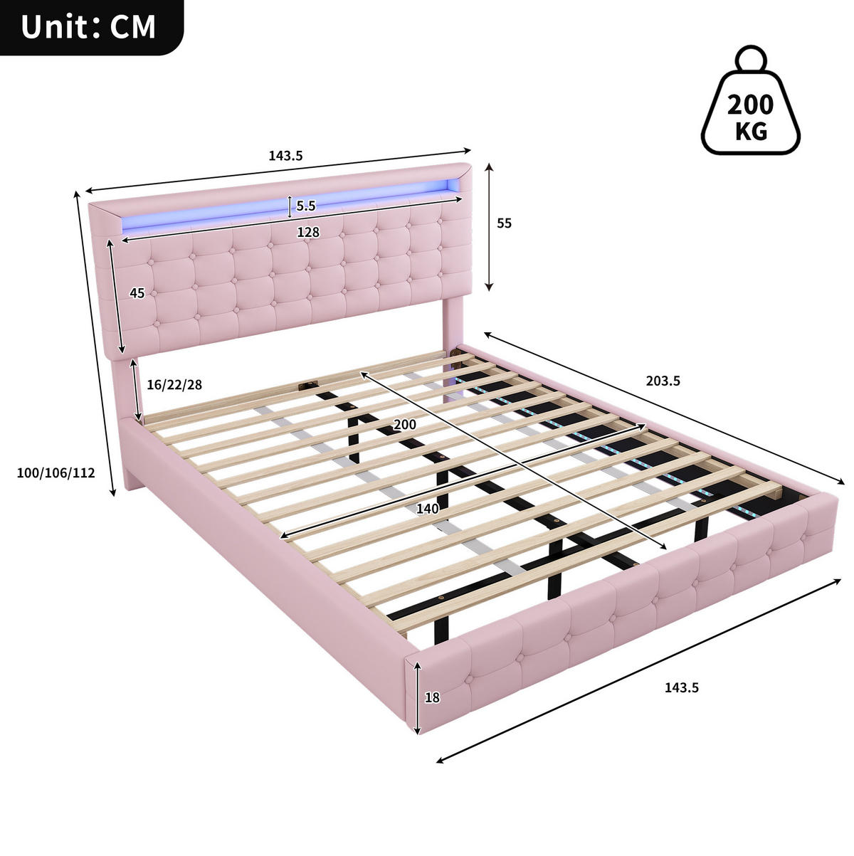 BETT mit LED-Beleuchtung 140x200 cm PU Pink - Pink, Metall (140/200cm) - Meubliv