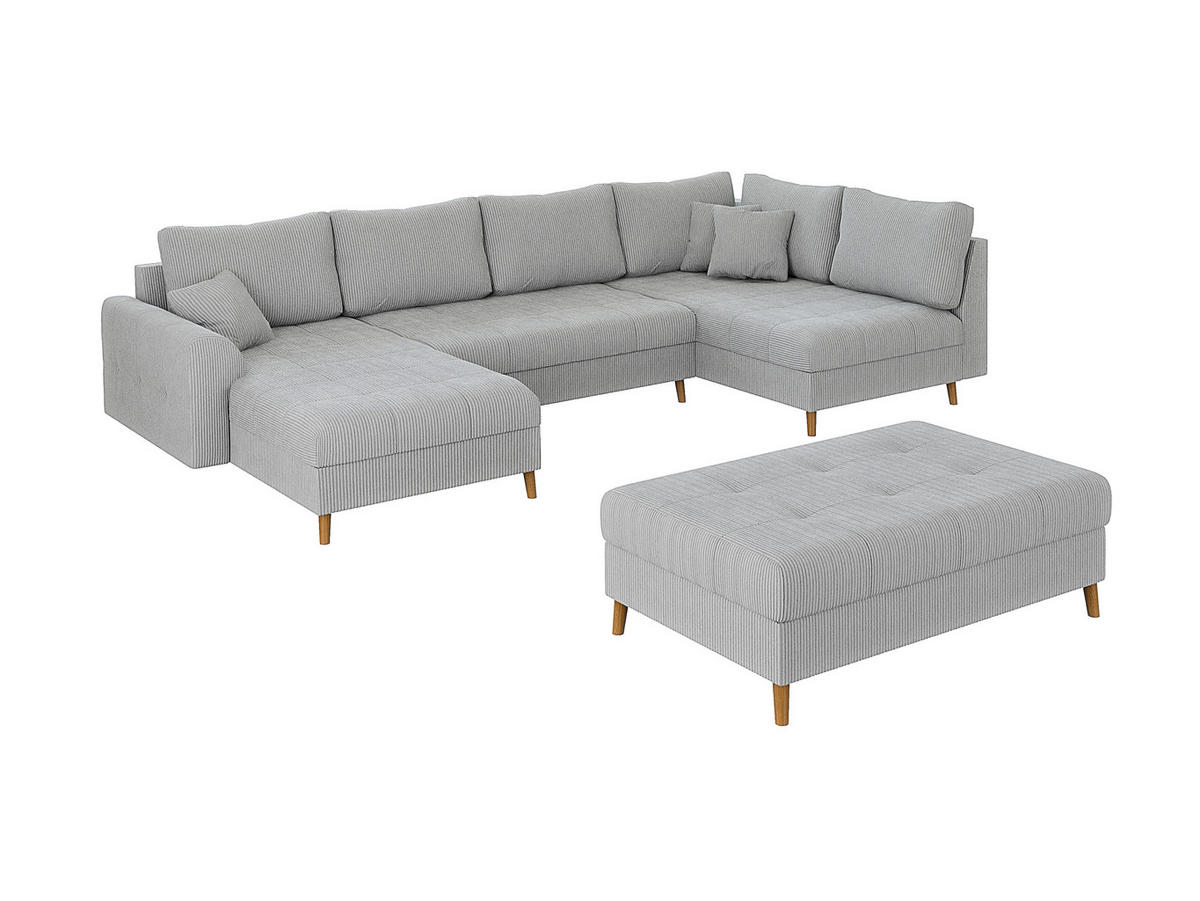 WOHNLANDSCHAFT inkl. Hocker Alma Hellgrau Cord - Hellgrau/Braun, Holz/Textil (310/81/161cm) - S-Style Möbel