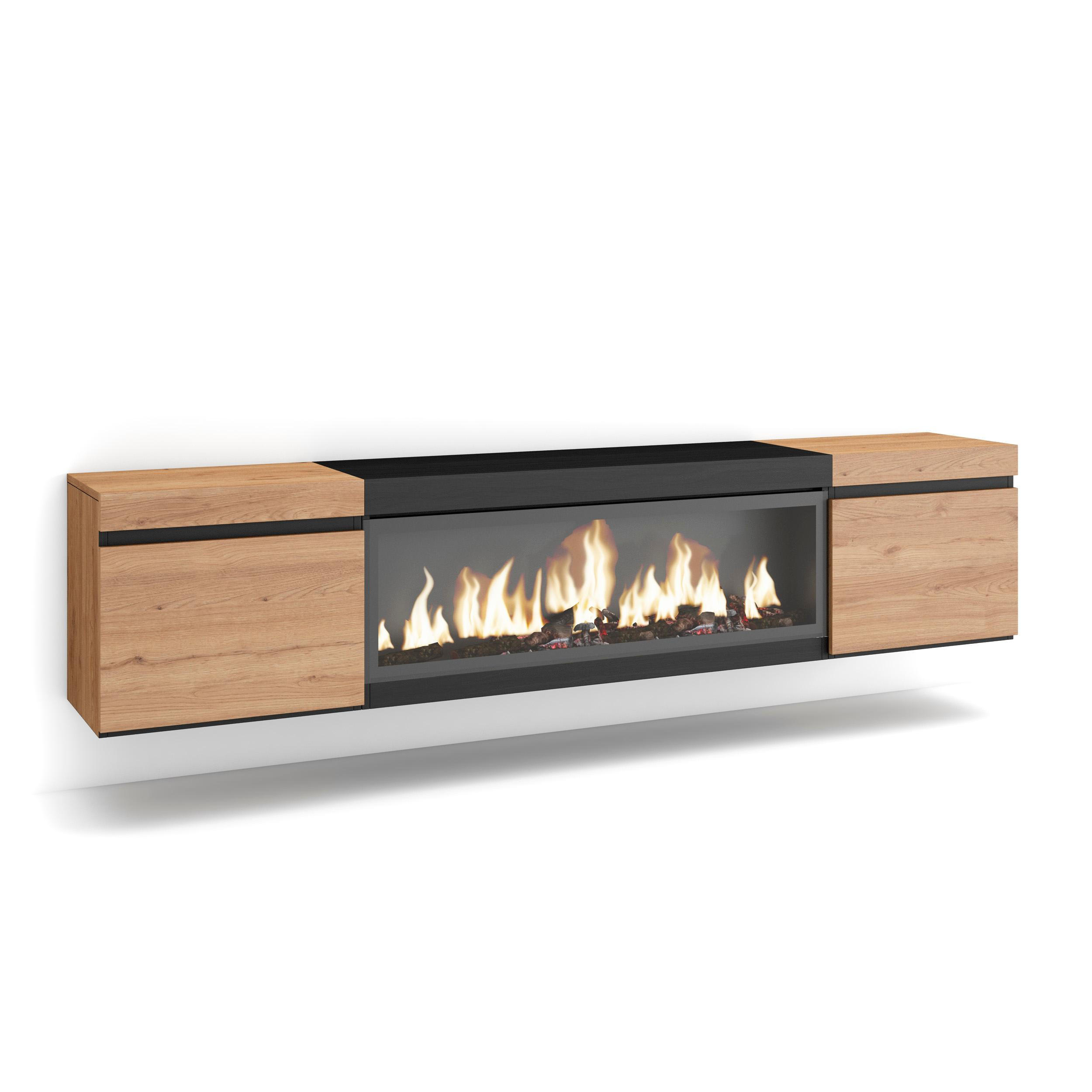 LOWBOARD, Tv-Schrank Elektrokamin XXL, Hängend, eiche, schwarz, 208/35/45cm - Eichefarben/Multicolor, Holzwerkstoff (208/45/35cm) - Skraut Home