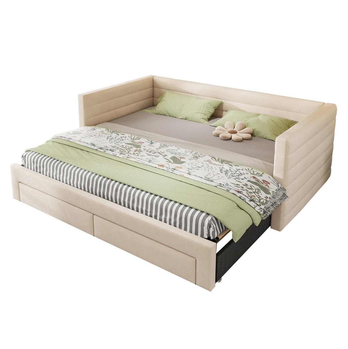 AUSZIEHBARES Polsterbett aus Baumwolle und Leinen 90x190 cm Beige, erweiterbar auf 180x190 cm - Beige, Textil (90/190cm) - IVMEU