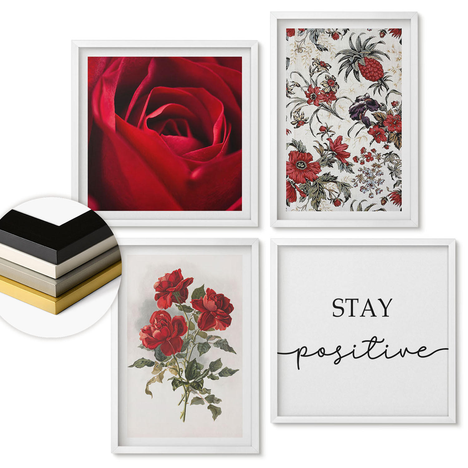 WANDBILDER 4er-Set - 50x50 cm & 40x60 cm Weißer Rahmen - Inschrift mit roten Rosen - Weiß, Kunststoff (50/50cm) - ArtPrintCave