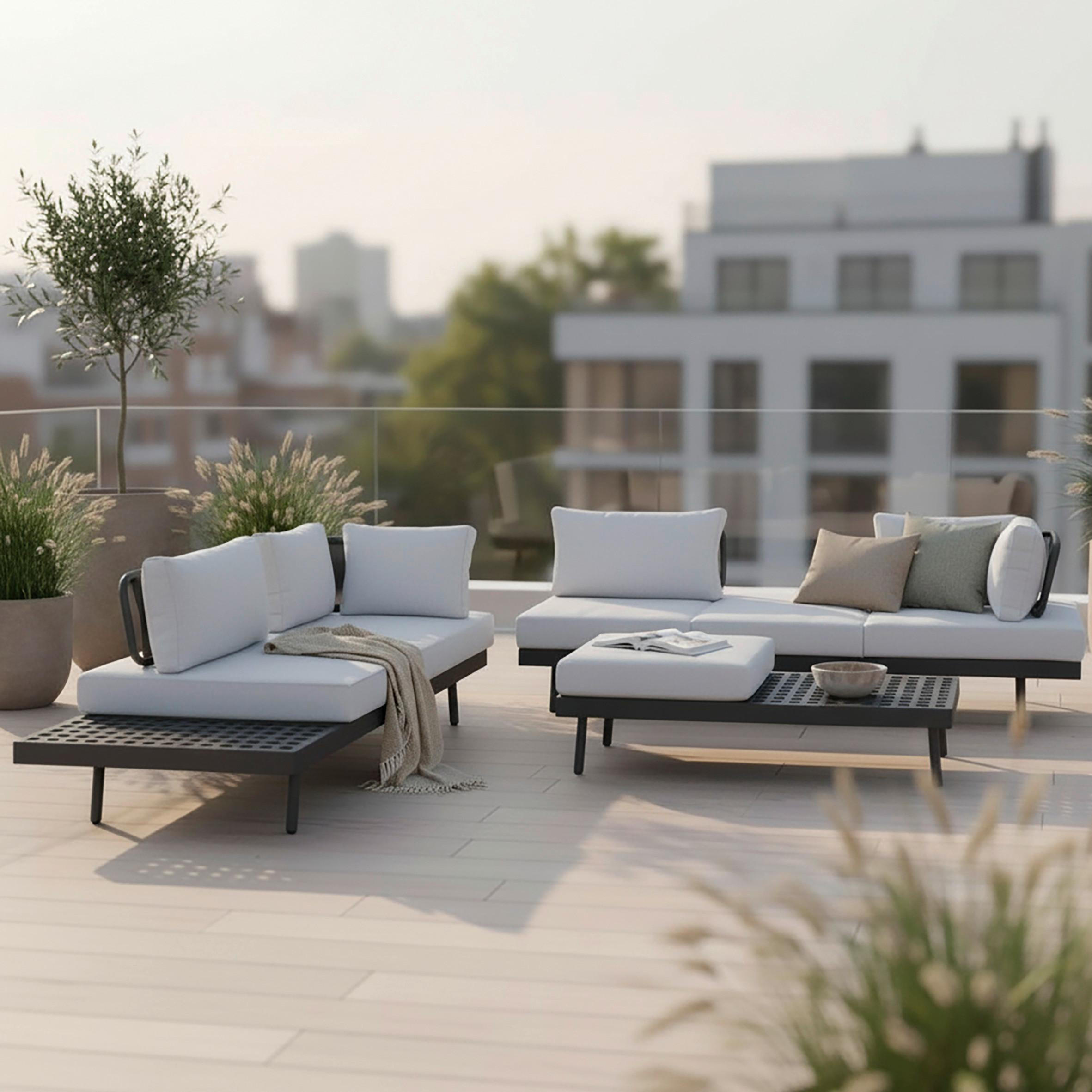 LOUNGEGARNITUR-SET Emma Grau Outdoorstoff/Metall - Weiß, Metall
