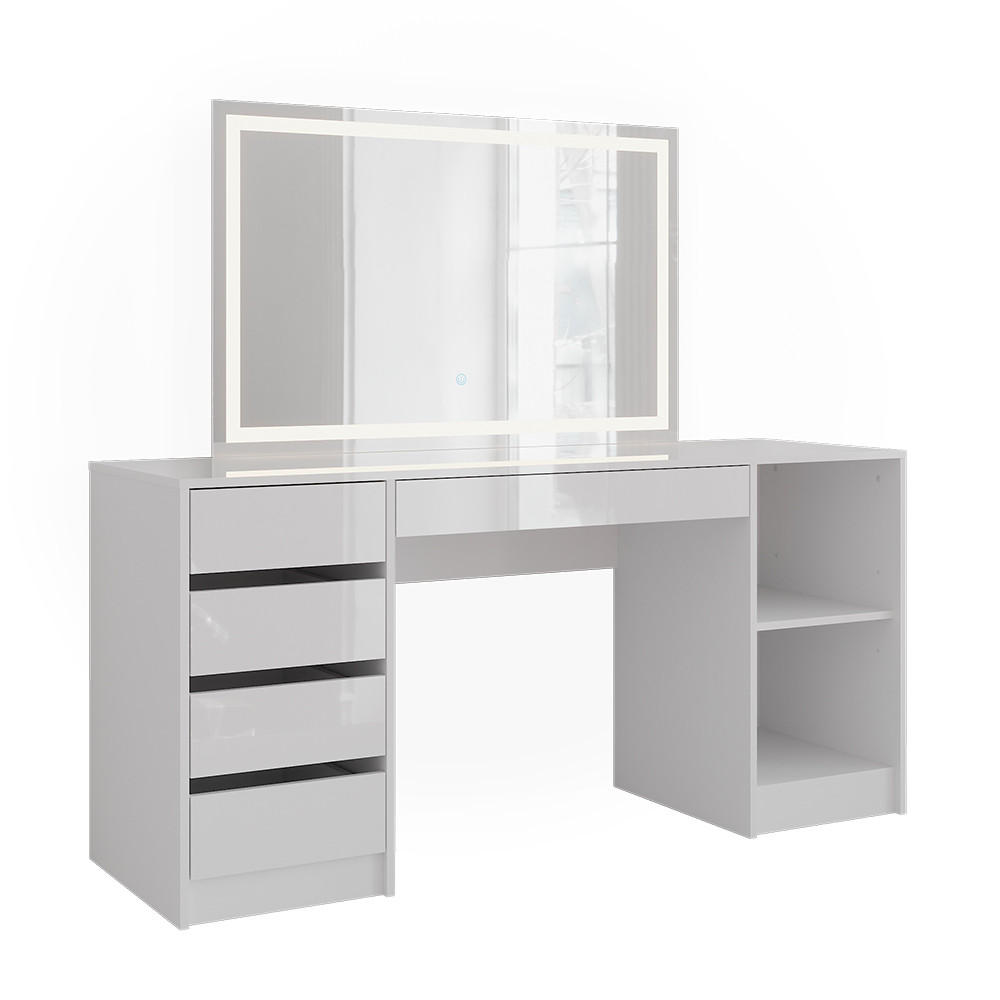 SCHMINKTISCH Sherry Weiß/Weiß Hochglanz 158.2 cm mit LED-Spiegel - Weiß Hochglanz, Holzwerkstoff (158.2/76/50.1cm) - Vicco