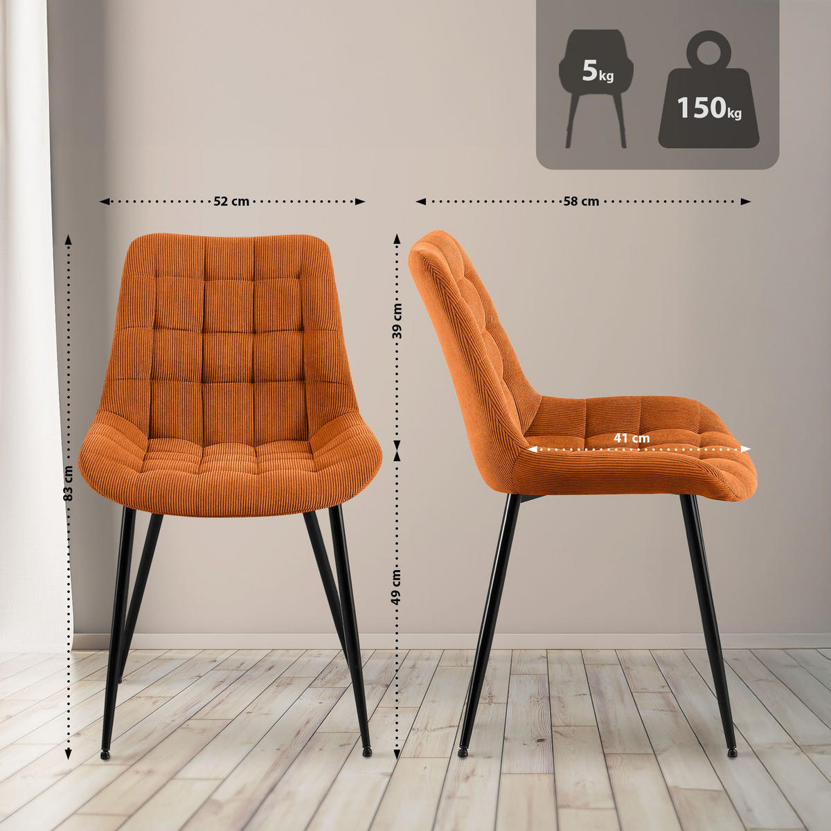 ESSZIMMERSTUHL Cord Orange - Schwarz/Orange, Textil/Metall (52/83/58cm) - CLP