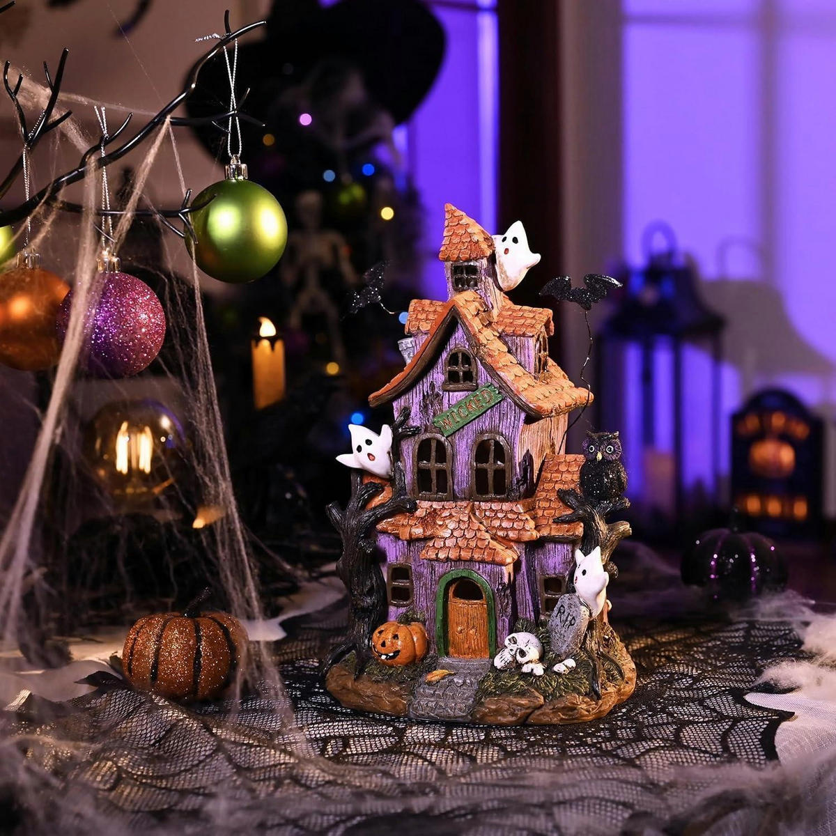 HALLOWEEN Haus mit Farbwechsel-LED 22 cm - Multicolor, Kunststoff (15/5/15cm)