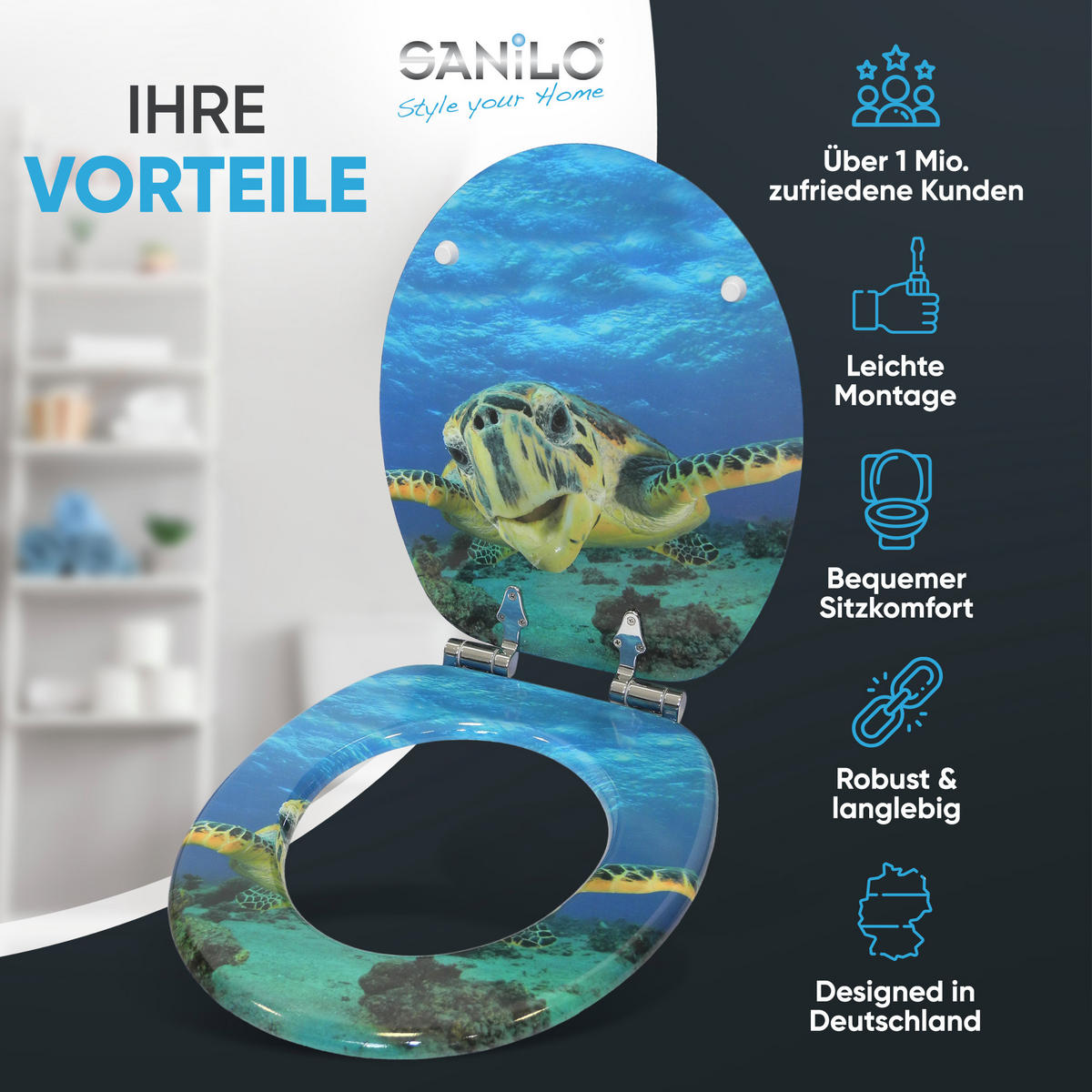 WC-SITZ mit Absenkautomatik Schildkröte - Blau, Holzwerkstoff (38/6/47cm) - Sanilo