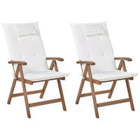 GARTENSTUHL 2er-Set Akazienholz dunkelbraun Auflagen cremeweiß Amantea - Dunkelbraun/Creme, Holz (54/105/69cm) - Beliani