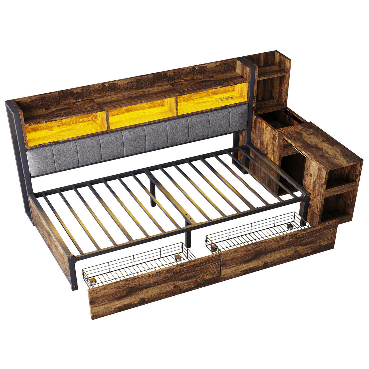 BETT 90/200 cm mit Schreibtisch und Stauraum, holzfarben - Naturfarben, Metall (90/200cm) - Flora Grace
