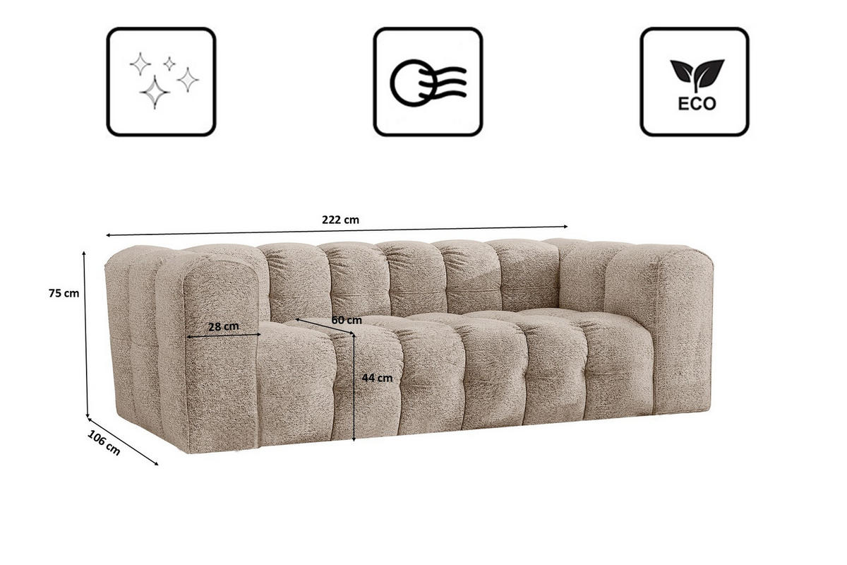 SOFA 3-Sitzer, Komfort, BALOO, Stoff Schenille & Bouclé, Beige - Beige, Holz (222/75/106cm) - Kaiser Möbel