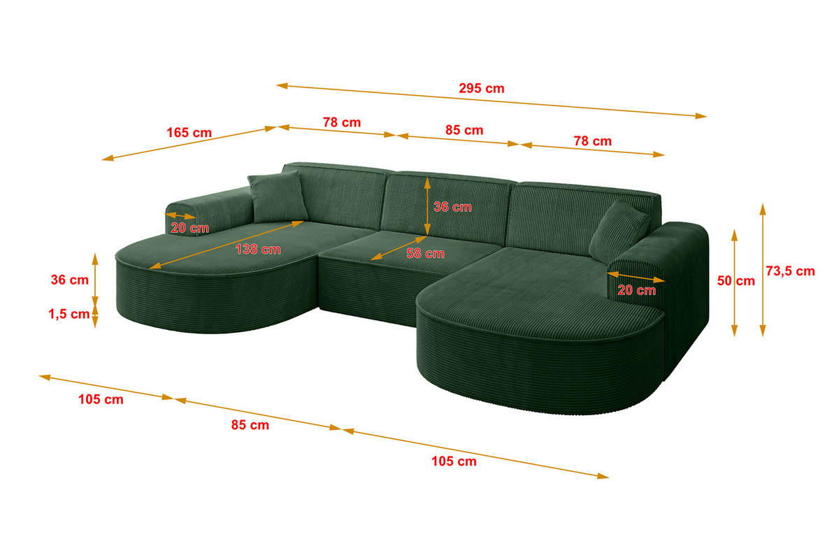 WOHNLANDSCHAFT MARI-U1 - 295x163x73,5 cm Grün Cord - Schwarz/Grün, Holzwerkstoff/Kunststoff (295/73.5/163cm) - ALTDECOR
