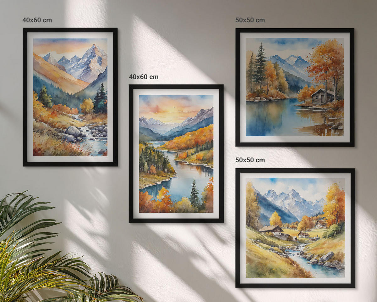 BILDER SET 4er Set - 50x50 cm & 40x60 cm Schwarzer Rahmen - Berglandschaft mit einem Fluss - Schwarz, Kunststoff (50/50cm) - TULUP