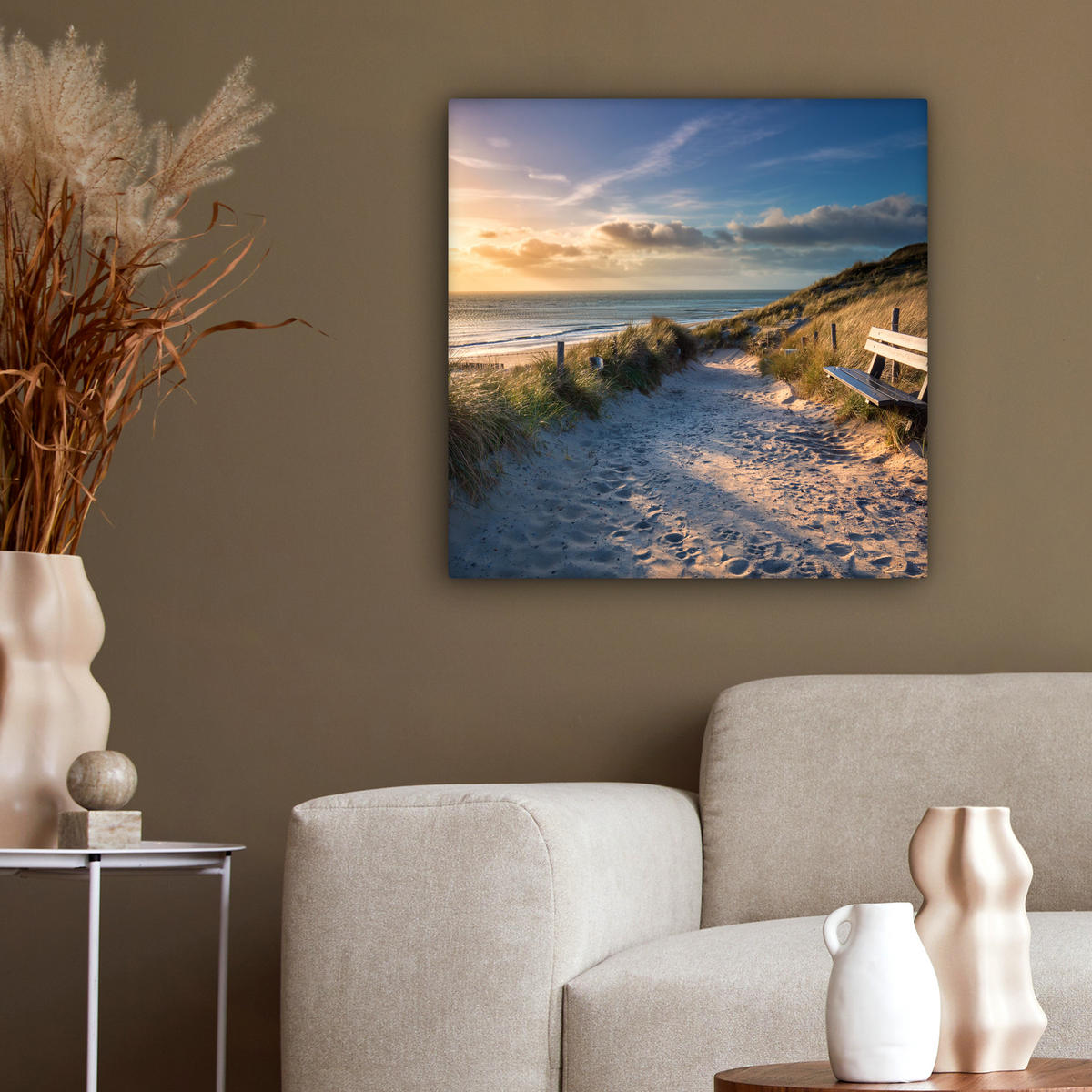 LEINWANDBILD - Sonnenuntergang - Strand - Düne - Gras - Ufer - 50x50 - Room Decor - Sandfarben, Textil (50/50cm) - MuchoWow