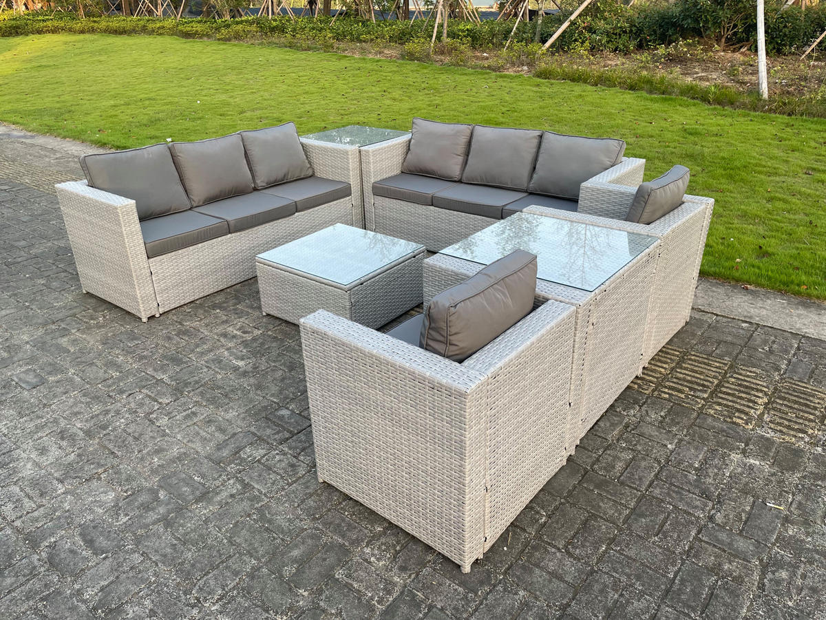 GARTENSOFA SET mit Couchtisch Polyrattan Helles Grau 8-Sitzer - Hellgrau, Metall - Fimous
