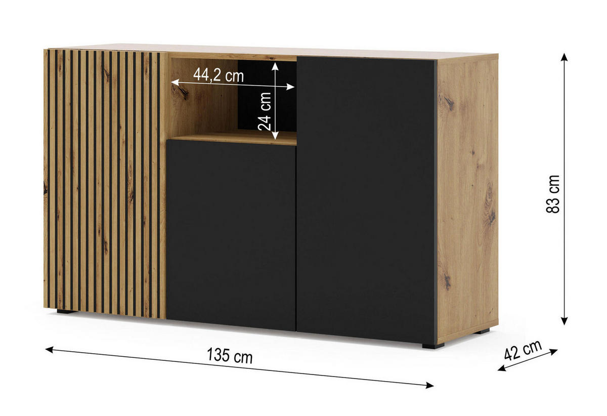 SIDEBOARD AURIS Beige, Schwarz 135x42x82 cm - Beige/Schwarz, Holzwerkstoff (135/82/42cm) - FURNLUX