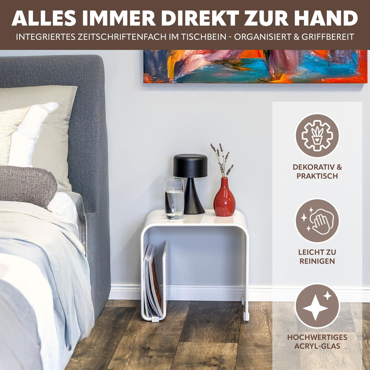 BEISTELLTISCH MIT MAGAZINHALTER Acryl weißglänzend - Weiß Hochglanz, Kunststoff (30/38.5/35.5cm) - eluno