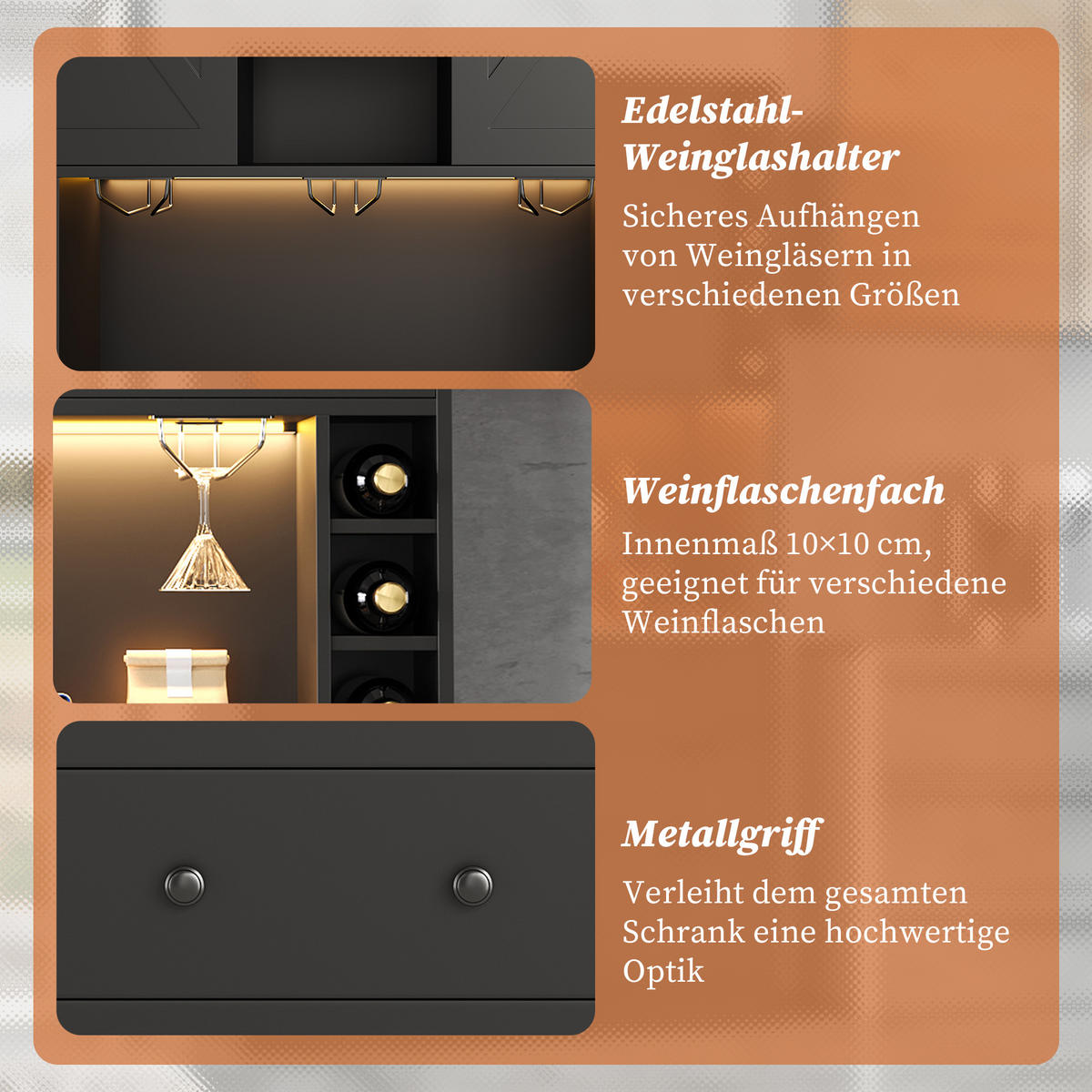 BUFFET 105/39/180 cm Schwarz mit 1 Schublade, Weinflaschenfächern und farbwechselnder LED-Beleuchtung - Schwarz, Holz (105/180/40cm) - Oxeza