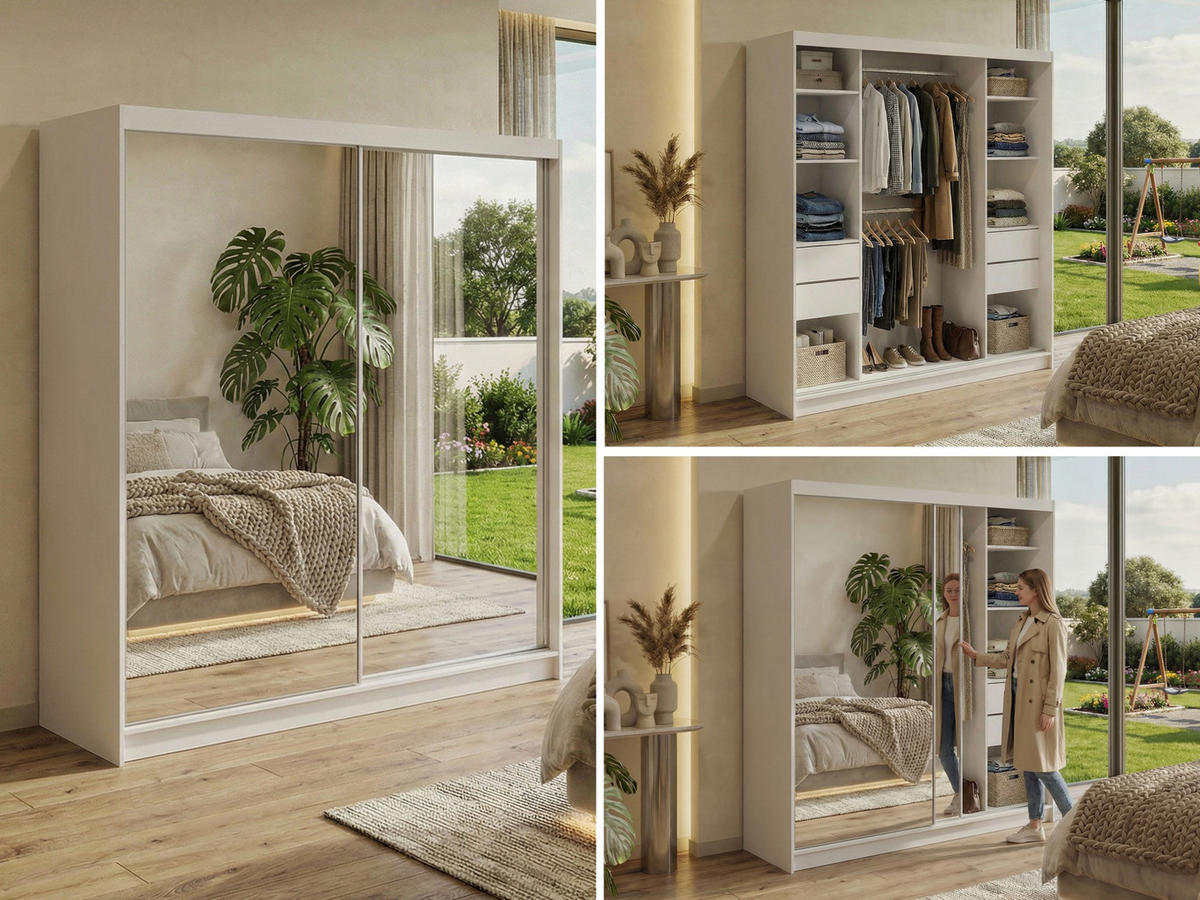 SCHWEBETÜRENSCHRANK mit Schubladen 200 - DUBROWNIK - Weiß mit Spiegel - Alufarben/Weiß, Holzwerkstoff/Metall (200/216/61cm) - MKS