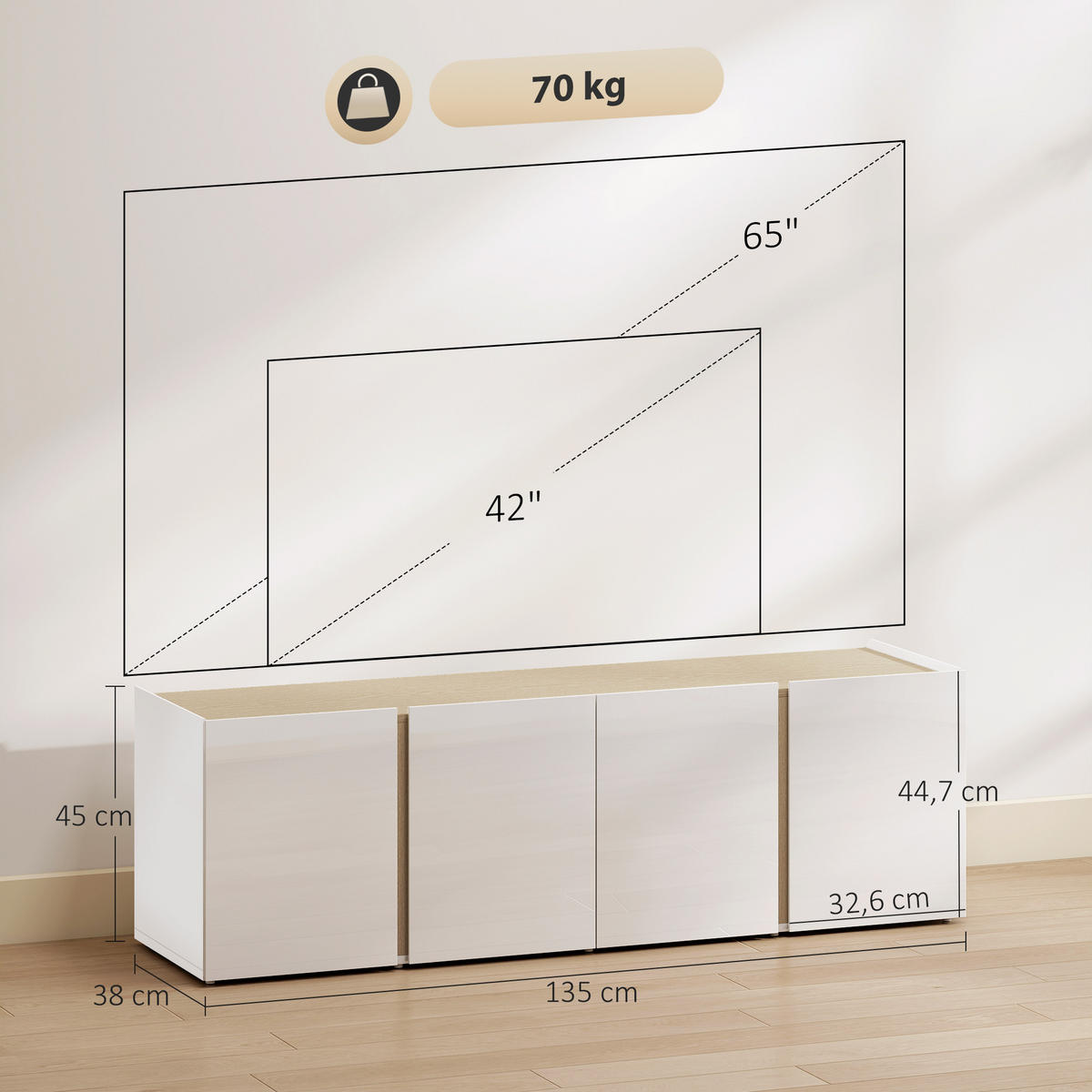LOWBOARD DE-16131 135/38/45 cm Weiß - Weiß, Holzwerkstoff (135/45/38cm) - ComfortXL