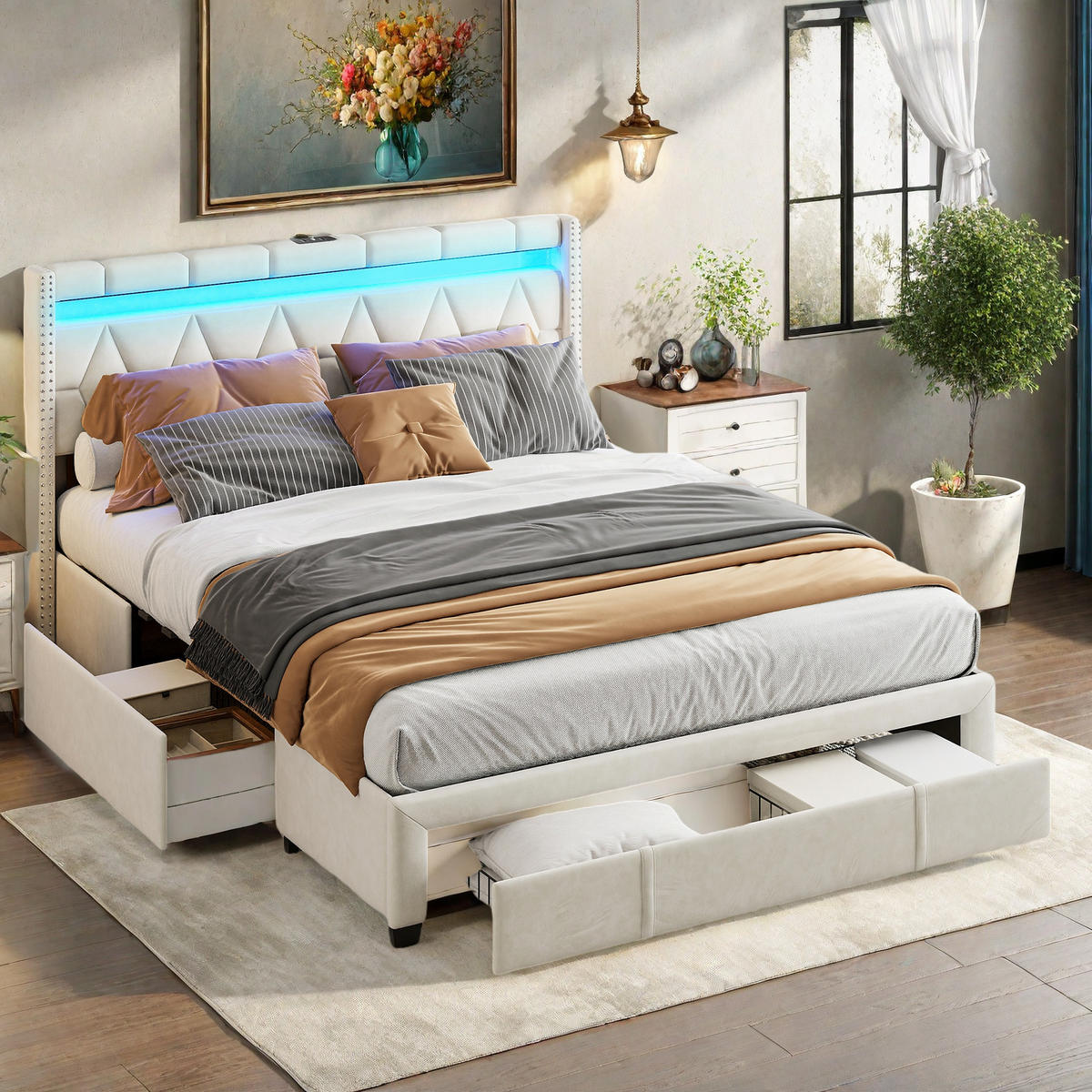 KLÄDD säng 160x200 cm beige tyg LED USB 4 lådor - Beige, Trä (160/200cm) - SHOPENTRA