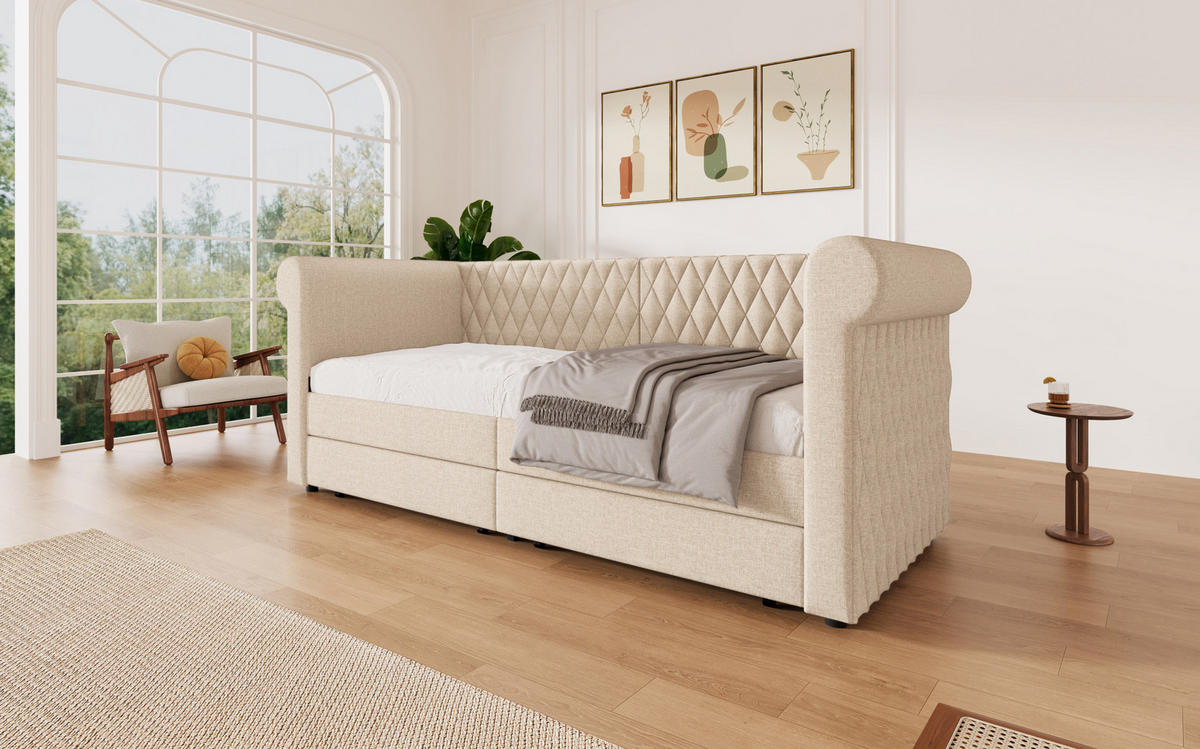 POLSTERBETT 90/200 cm Beige aus Leinen mit 2 Schubladen - Beige, Textil (90/200cm) - OKMYHOME