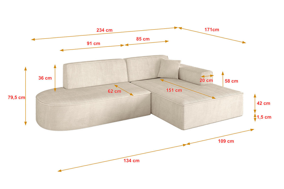 ECKSOFA Ottomane Rechts IREA-L1-v4 - 234x171x79 cm Beige - Champagner/Beige, Holzwerkstoff/Textil (171/234cm) - ALTDECOR