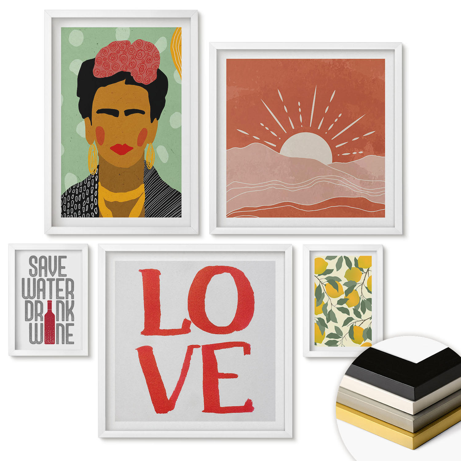 WANDBILDER 5er-Set - 50x50 cm & 20x30 cm & 40x60 cm Weißer Rahmen - Zitronen Inschrift Liebeslandschaft Frida - Weiß, Kunststoff (40/60cm) - ArtPrintCave