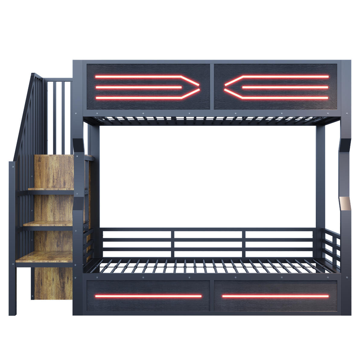 ETAGENBETT 90/200 cm schwarz aus Metall und MDF mit Stauraumtreppe und LED - Schwarz, Metall (90/200cm) - OKWISH
