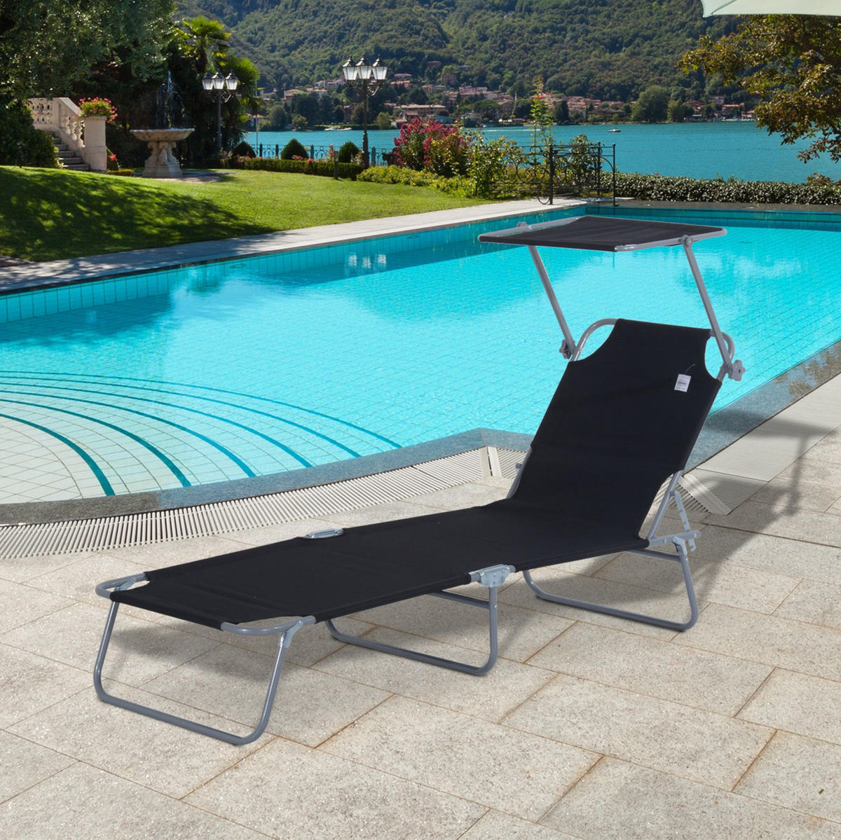 SONNENLIEGE aus Metall 187x58x36 cm in Schwarz mit verstellbarem Sonnendach - Schwarz, Metall (58/36/187cm) - Modfu