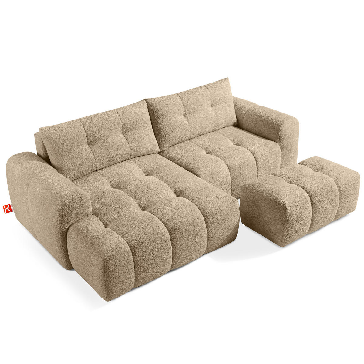 ECKSOFA MIT HOCKER RAVIA, Bouclé, Beige - Beige, Holz/Textil (96/50cm) - KONSIMO®