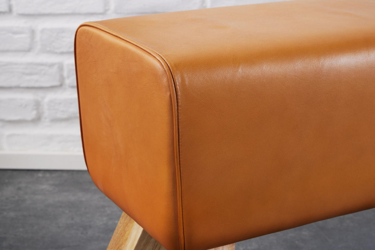 SITZBANK TURNBOCK Mango Echtleder Cognac 100 cm - Braun, Mangoholz/Leder (100/50/35cm) - riess-ambiente