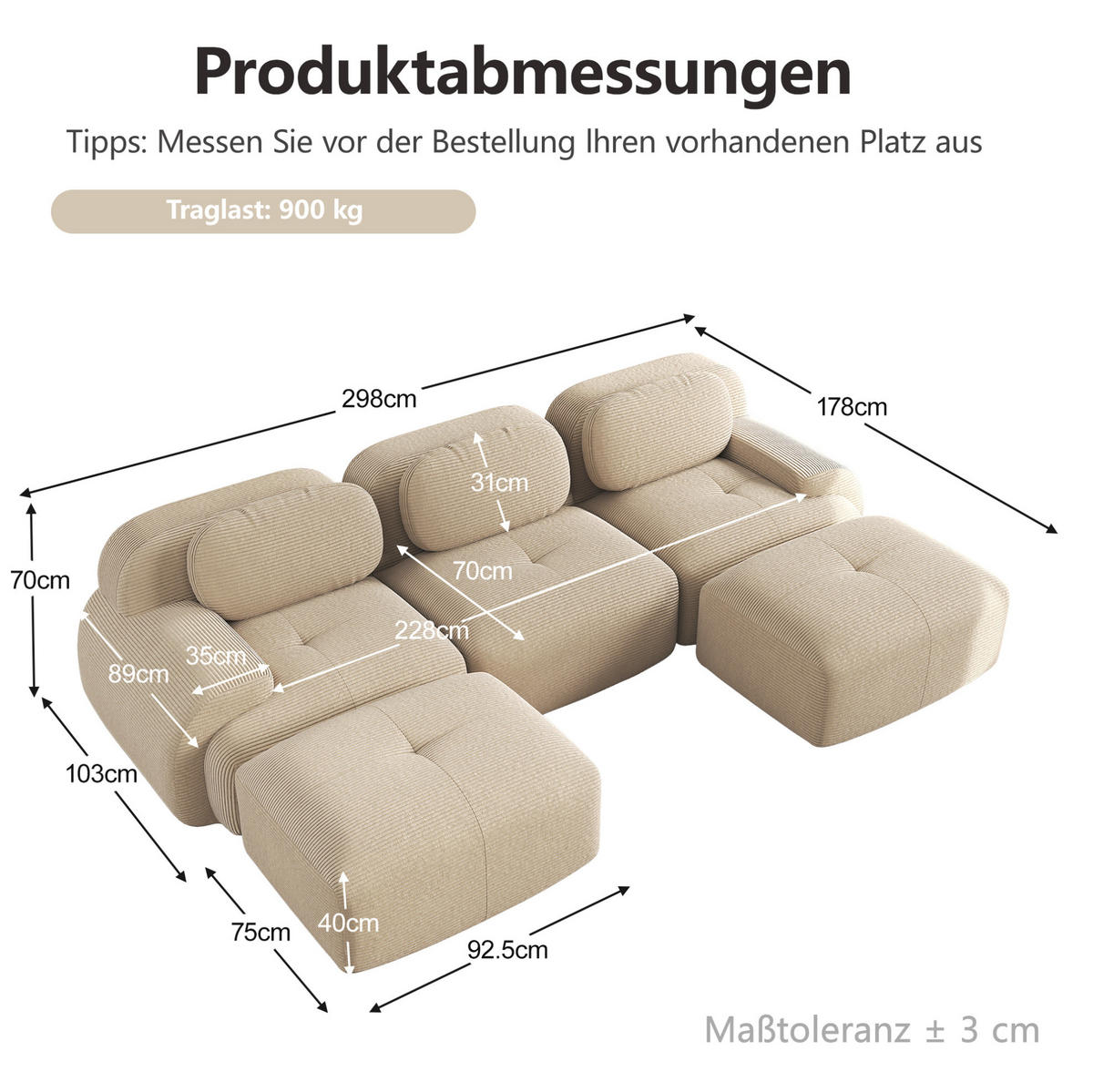WOHNLANDSCHAFT in Beige aus Cordstoff mit 32D-Schaum, rahmenlos und montagefrei - Beige, Textil (178/70/298cm) - Flora Grace
