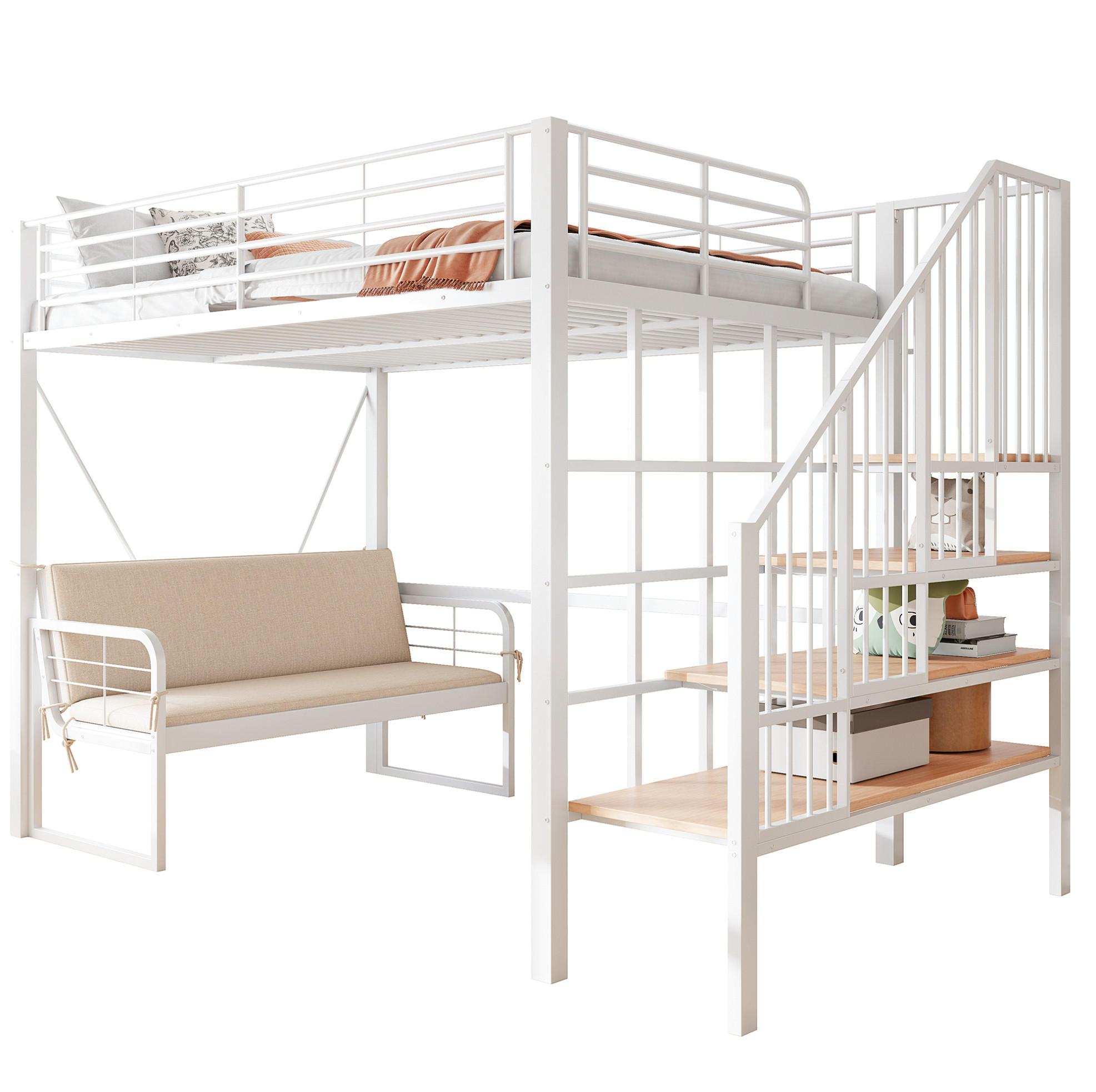 ETAGENBETT 140/200 cm Weiß mit Polstersofa und Stauraumleiter ohne Matratze - Weiß, Metall (140/200cm) - MIVRAY
