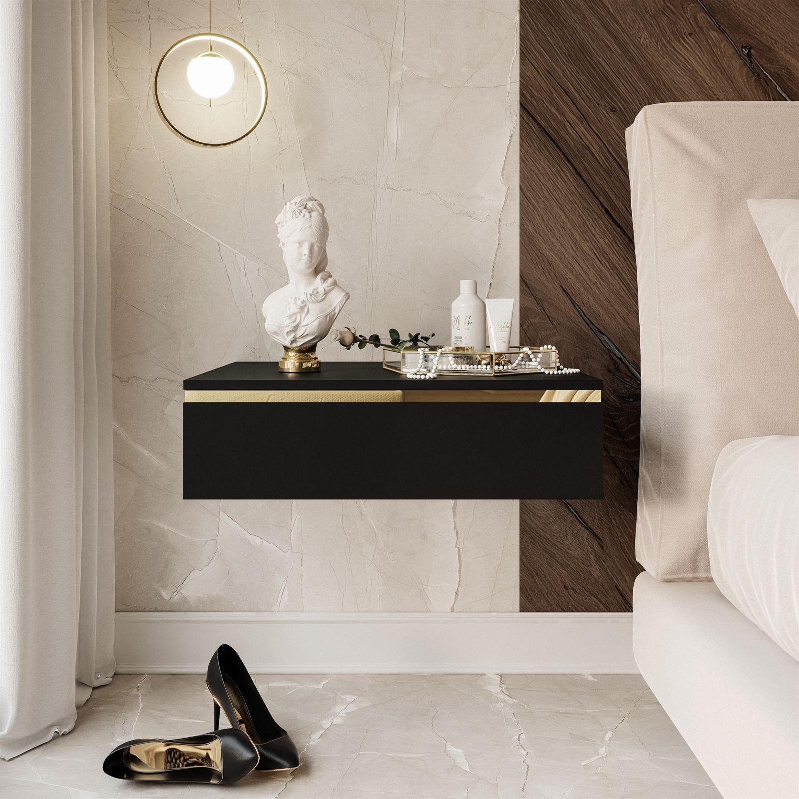 Thumbnail - Lookway Nachttisch, Schwarz, Holzwerkstoff, Uni, 1 Schubladen, Rechteckig, 48x15x38 cm, Schlafzimmer, Nachttische