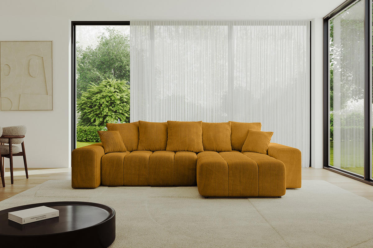 ECKSOFA Ottomane rechts ENIL-L 297x189x68 Senfgelb Cord - Currygelb, Holzwerkstoff/Kunststoff (189/297cm) - ALTDECOR