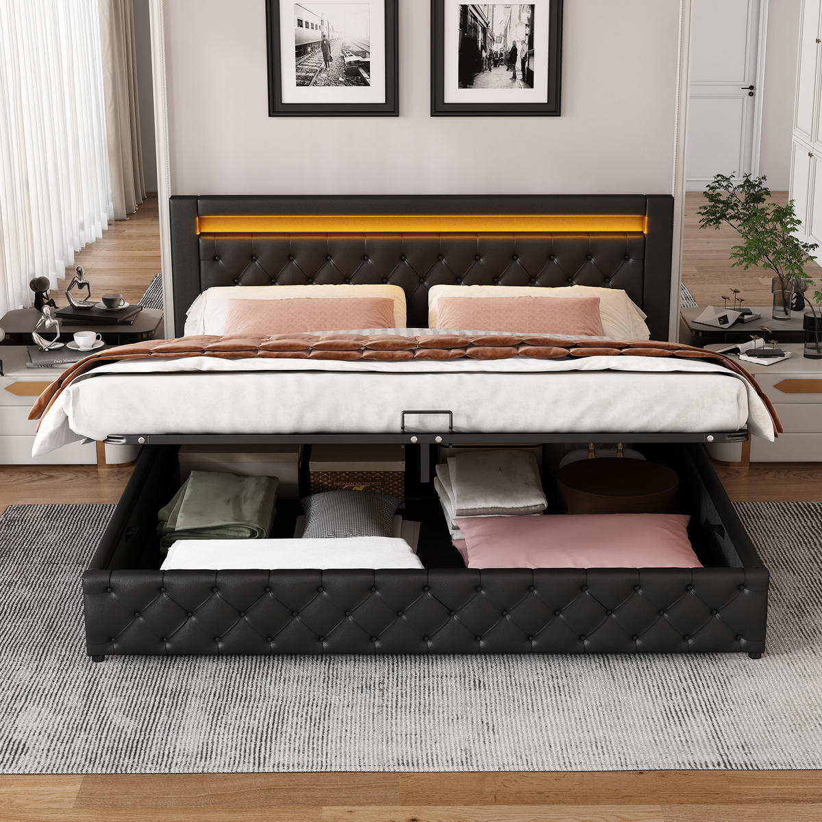 POLSTERBETT 140/200 cm schwarz Funktionsbett mit Lattenrost und LED-Beleuchtung - Schwarz, Kunststoff (140/200cm) - OKWISH