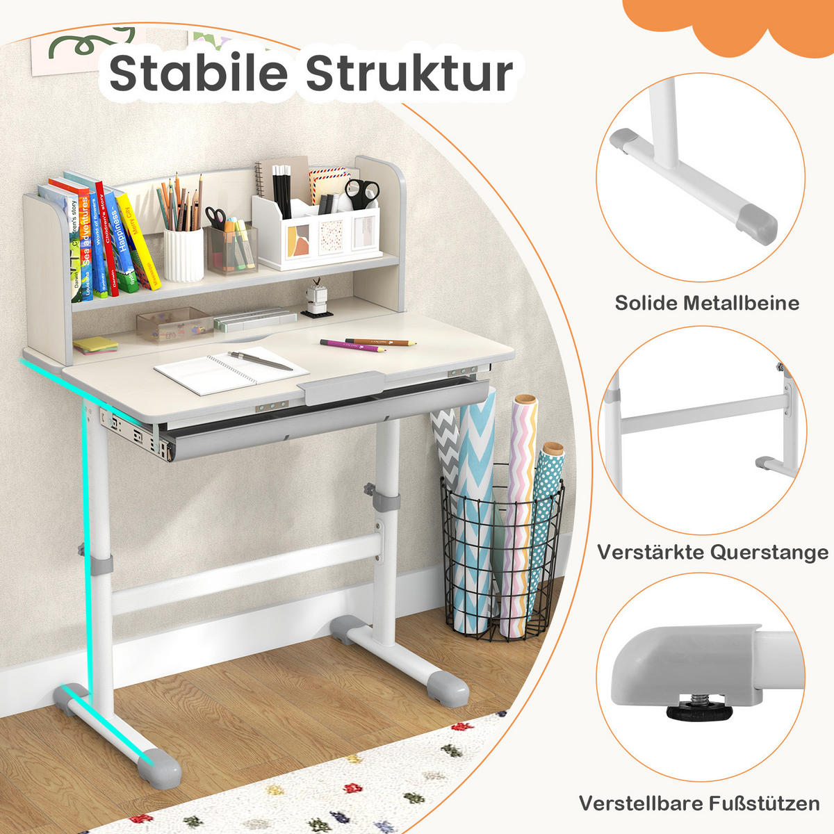 KINDERSCHREIBTISCH Höhenverstellbarer grau - Grau, Metall (80/81.5/51cm) - COSTWAY