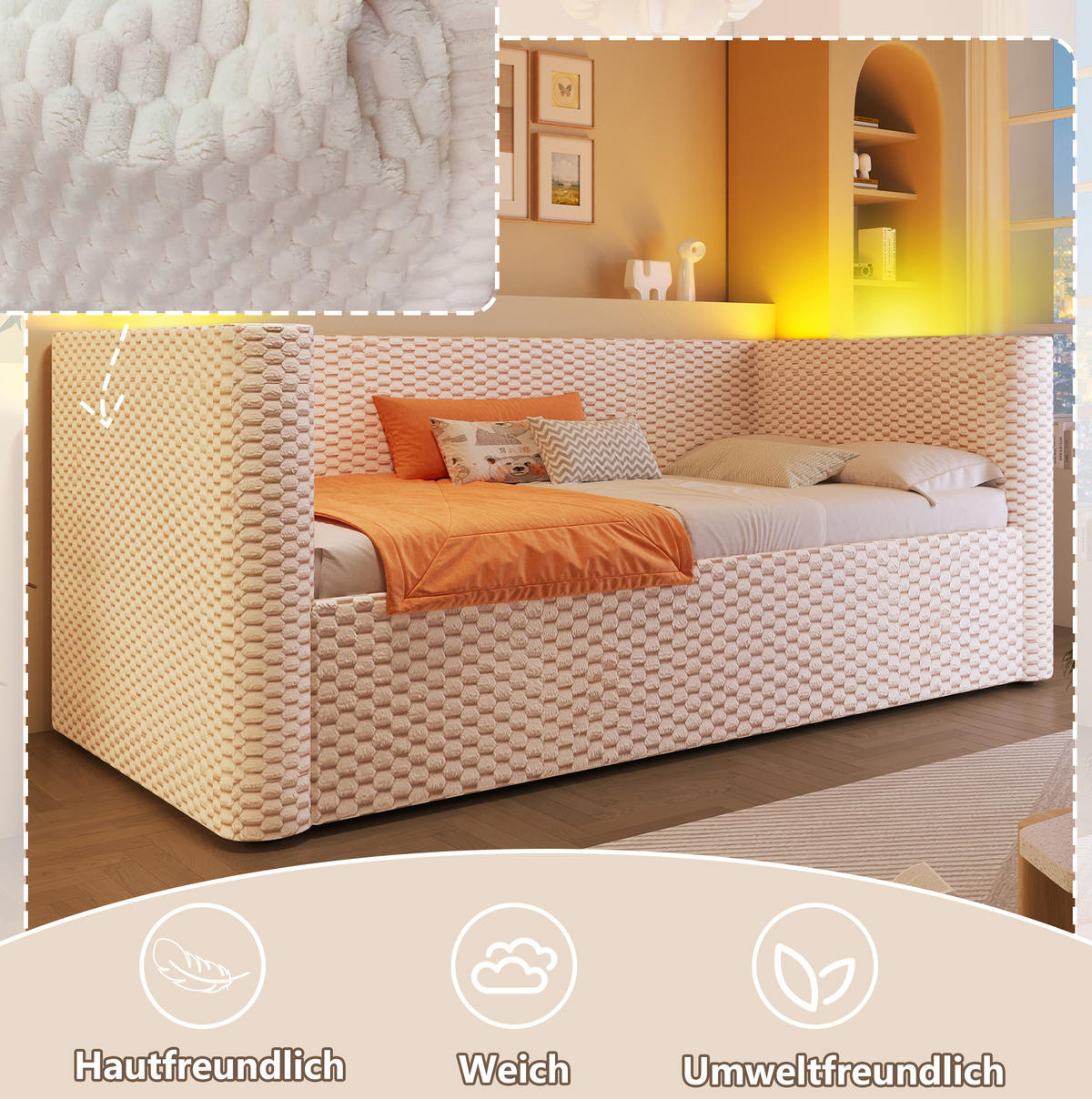 TAGESBETT aus Samt 90x200 cm Beige mit LED-Beleuchtung, hydraulischem Stauraum und Lattenrost - Beige, Textil (90/200cm) - Modfu