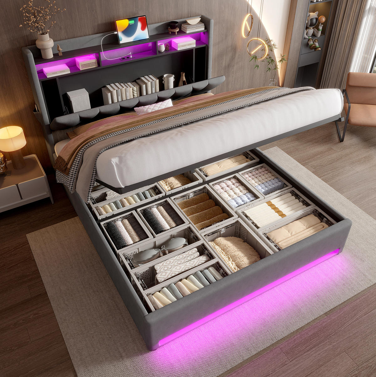 POLSTERBETT mit Stauraum, LED und USB 140x200 cm Samt Dunkelgrau - Dunkelgrau, Metall (140/200cm) - Meubliv