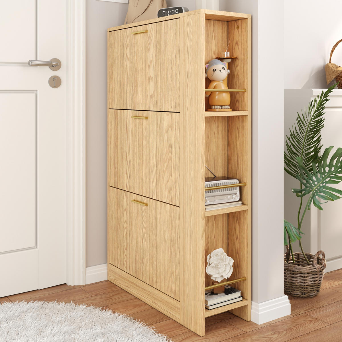SCHUHSCHRANK 70/23,5/115 cm mit 3 Türen, offenen Seitenfächern und MDF-Korpus, Natur - Naturfarben, Holzwerkstoff (70/115/23.5cm) - Redom
