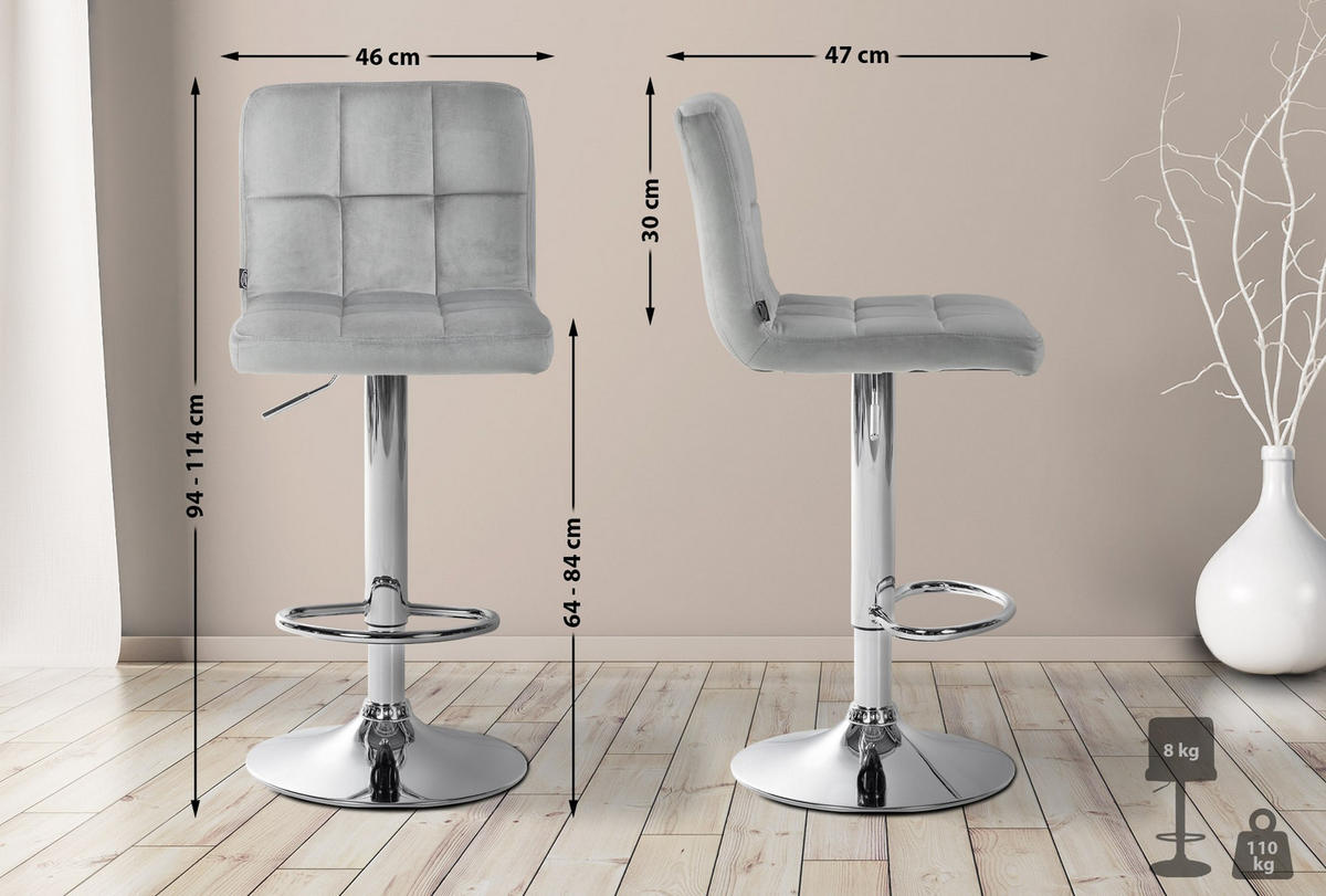 BARHOCKER Samt grau - Chromfarben/Grau, Textil/Metall (46/94/47cm) - CLP