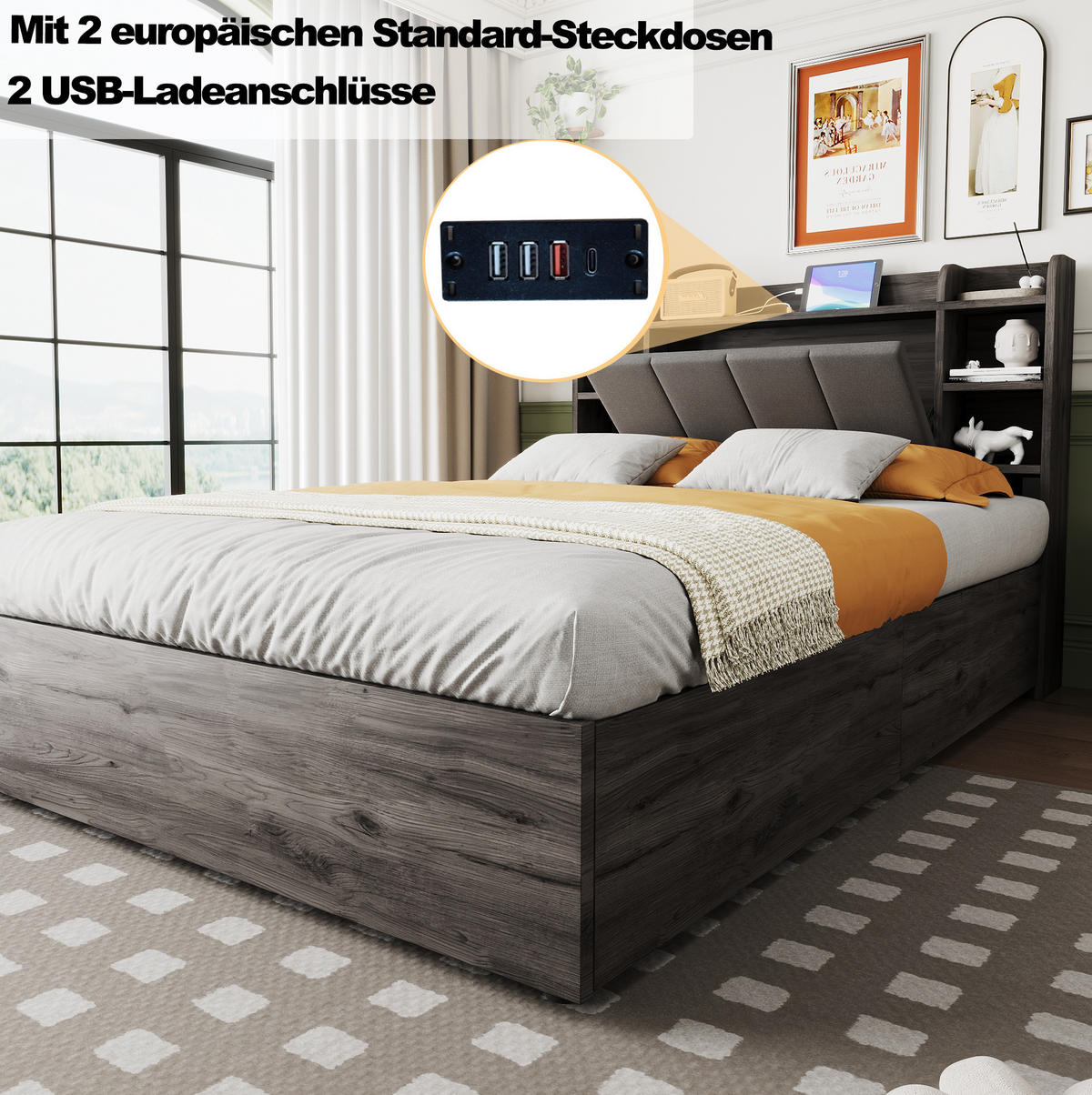 BETT 140/200 cm aus MDF mit USB-Anschluss, Stauraum, Grau - Grau, Holzwerkstoff (140/200cm) - OKMYHOME