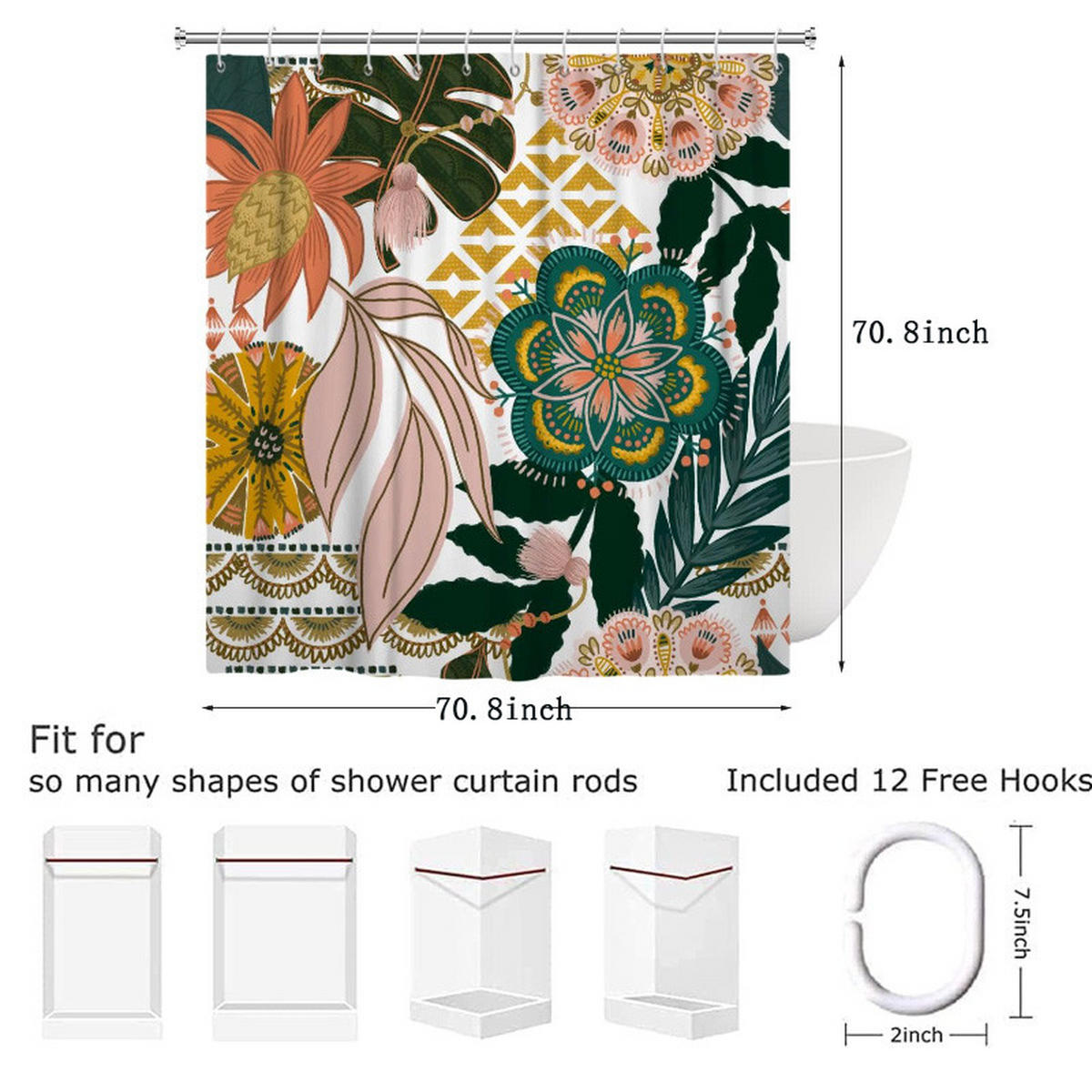 DUSCHVORHANG Boho floral bunt Polyester waschbar wasserfest - Multicolor, Kunststoff (180/180cm) - MCBOSON