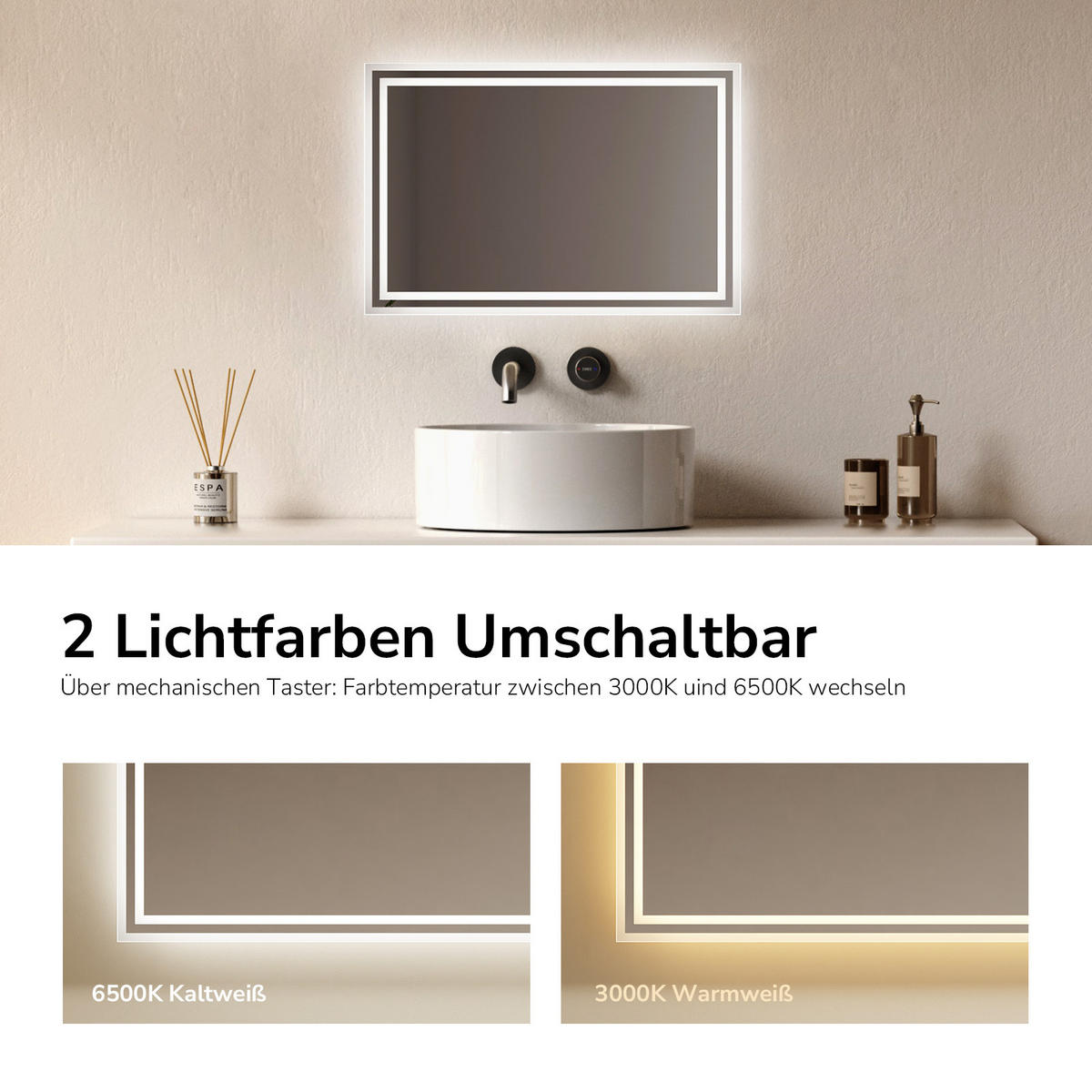 BADSPIEGEL mit Beleuchtung 60/40/3,5 cm - Transparent, Glas (60/40/3.5cm) - EMKE