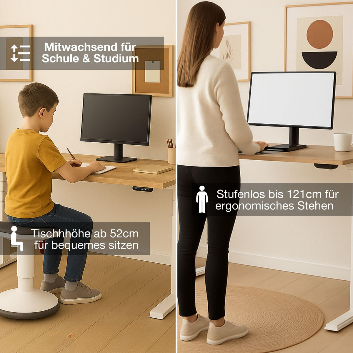 SCHREIBTISCH Elektrisch höhenverstellbarer Kinderschreibtisch JUNIOR Eiche Natura Signalweiß 120/70/52.5-121cm - Weiß/Eiche Artisan, Holzwerkstoff/Metall (70/120/121cm) - ASSMANN