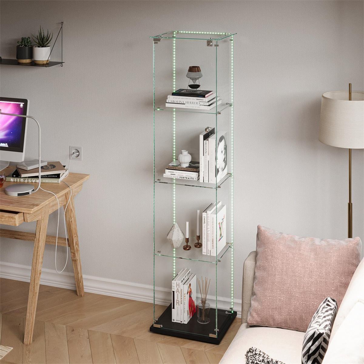 VITRINE - Glasvitrine mit 1 Tür und 4 Ebenen - integrierte LED-Streifen-Beleuchtung - Schwarz - Schwarz, Glas (39.8/163/35cm) - DELFA
